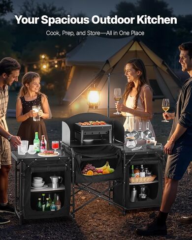 VEVOR Camping Kitchen Table, Outdoor Camp Cooking Table, Aluminum Portable Cook Station with 3 Storage Cupboard, Carrying Bag, Detachable Windscreen, Quick Set-up for BBQ Party Picnic RV Travel, Black in Saudi Arabia