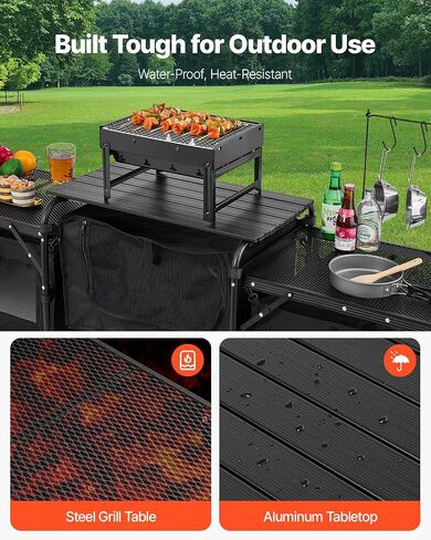 VEVOR Camping Kitchen Table, Outdoor Camp Cooking Table, Aluminum Portable Cook Station with 3 Storage Cupboard, Carrying Bag, Detachable Windscreen, Quick Set-up for BBQ Party Picnic RV Travel, Black in Saudi Arabia