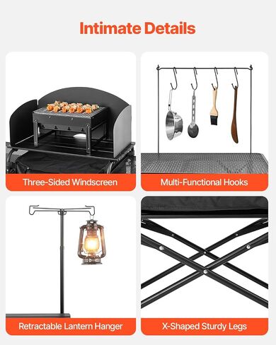 VEVOR Camping Kitchen Table, Outdoor Camp Cooking Table, Aluminum Portable Cook Station with 3 Storage Cupboard, Carrying Bag, Detachable Windscreen, Quick Set-up for BBQ Party Picnic RV Travel, Black in Saudi Arabia
