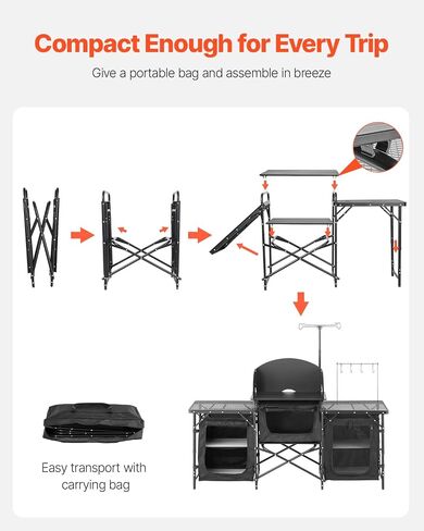 VEVOR Camping Kitchen Table, Outdoor Camp Cooking Table, Aluminum Portable Cook Station with 3 Storage Cupboard, Carrying Bag, Detachable Windscreen, Quick Set-up for BBQ Party Picnic RV Travel, Black in Saudi Arabia