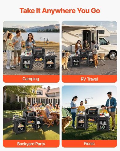 VEVOR Camping Kitchen Table, Outdoor Camp Cooking Table, Aluminum Portable Cook Station with 3 Storage Cupboard, Carrying Bag, Detachable Windscreen, Quick Set-up for BBQ Party Picnic RV Travel, Black in Saudi Arabia
