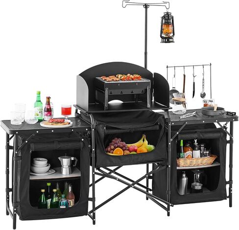 VEVOR Camping Kitchen Table, Outdoor Camp Cooking Table, Aluminum Portable Cook Station with 3 Storage Cupboard, Carrying Bag, Detachable Windscreen, Quick Set-up for BBQ Party Picnic RV Travel, Black in Saudi Arabia