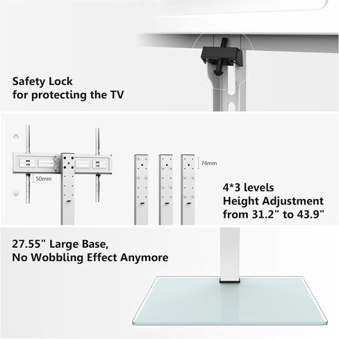 Fitueyes Universal TV Stand مع منافذ الطاقة لأجهزة تلفزيون 50-85 بوصة ، ودوارة وارتفاع القابلة للتعديل في غرفة المعيشة غرفة نوم ، و 27.5''large قاعدة زجاجية مزجعة تحمل ما يصل إلى 143 رطلا. in Kuwait