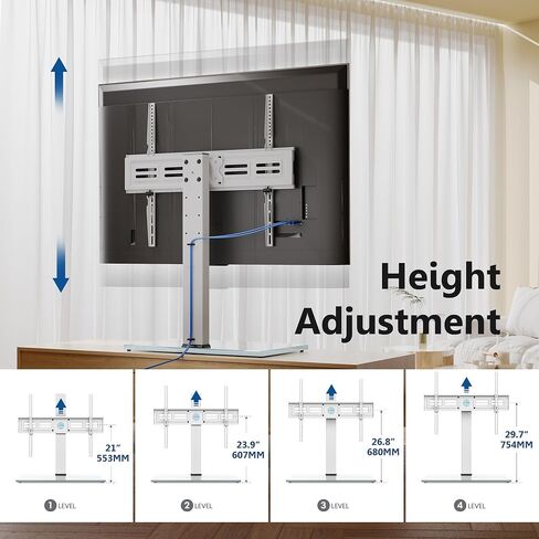 Fitueyes Universal TV Stand مع منافذ الطاقة لأجهزة تلفزيون 50-85 بوصة ، ودوارة وارتفاع القابلة للتعديل في غرفة المعيشة غرفة نوم ، و 27.5''large قاعدة زجاجية مزجعة تحمل ما يصل إلى 143 رطلا. in Kuwait