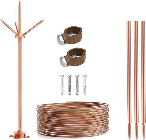 قضيب البرق، نظام حماية قضيب البرق النحاسي مع موصل سفلي 60 قدم 6AWG ومشبك قضيب أرضي مدرج في قائمة UL لمزرعة منزل من طابق واحد على سطح المنزل (1.7 قدم، قضيب البرق مع موصل سفلي) in Kuwait