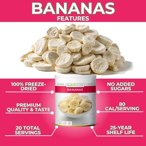 Nutristore Freeze Dried Bananas | 100% Natural, Healthy Fruit Snacks | Bulk #10 Can | Premium Quality & Crispy Fresh Taste | Emergency Survival Food Supply | 20 Servings | 25 Year Shelf Life in Saudi Arabia
