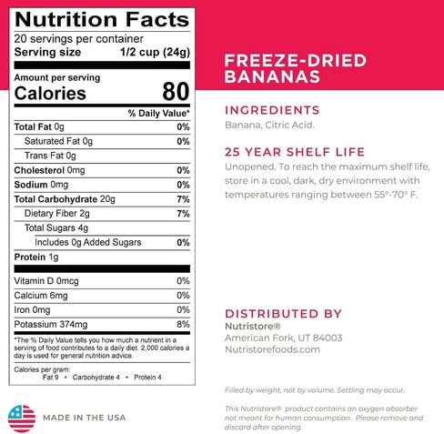 Nutristore Freeze Dried Bananas | 100% Natural, Healthy Fruit Snacks | Bulk #10 Can | Premium Quality & Crispy Fresh Taste | Emergency Survival Food Supply | 20 Servings | 25 Year Shelf Life in Saudi Arabia