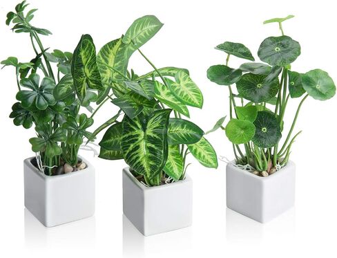 MyGift Artificial Green Grass Plants in Vintage Black Wood 4 Inch Planter Boxes, Faux Greenery in Decorative Square Crate Style Wooden Containers, Set of 3 in Kuwait