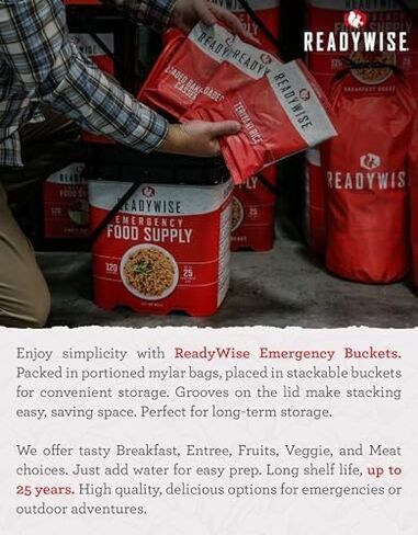 READYWISE - Emergency Food Supply Bucket, 120 Servings, MRE Meal Food Supply, Premade, Freeze Dried Survival Rations for Hiking, Adventure & Camping Essentials, Individually Packaged, 25 Year Shelf Life in Saudi Arabia