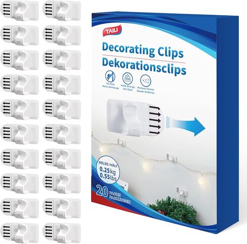 TAILI Christmas Light Clips 20 Pcs Indoor String Light Hooks, Damage Free Small Hooks With Adhesive, Removable Withe Wall Clips for Hanging Lights Holiday Decor and Cables, 20 Clips & 24 Strips in Kuwait