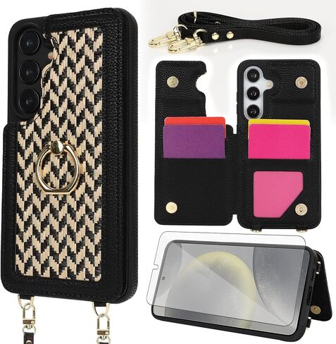 Asuwish Phone Case for Samsung Galaxy S24 5G Wallet Cell Cover with Tempered Glass Screen Protector Ring Stand Credit Card Holder Crossbody Lanyard Shoulder Strap TPU S 24 24S G5 Women Girls Men White in Saudi Arabia