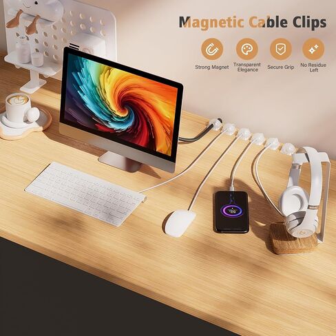 Cord Holder Organizer 6 Pack, [1-Handed-Operation] Magnetic Cable Clips, Phone Cord Clips Holder with 2 Extra Reusable Strong Adhesive for Nightstand Desk Car Workspace Office Accessories, Clear White in Kuwait