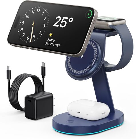 3 in 1 Wireless Charger Charging Station for iPhone,15W Fast Charger Magnetic Charging Stand for Mag-Safe with 30W USB C Adapter&Friendly Night Light for iPhone 16/15/14/13/12,Apple Watch,AirPods in Saudi Arabia