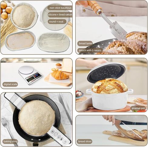 4 Color Complete sourdough bread makin Starter Kit,Sourdough Bread Baking Supplies for Beginner with Pot, Banneton Bread Proofing Baskets, Starter Jar, Scraper, Bread Making Tools & More (White) in Kuwait