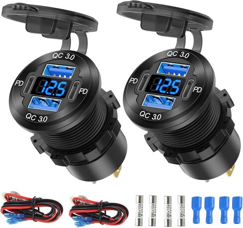 78W 12V USB Outlet 4 مقبس شاحن سيارة منفذ ، PD PD USB C وشاحن شحن سريع 3.0 ميناء من الألومنيوم مع Voltmeter DIY KIT مقاوم للماء للقارب البحري للدراجات النارية RV ATV TRACK GRAFT ، إلخ in Kuwait