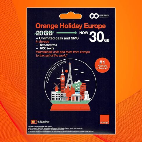 Preloaded Orange Travel Sim Card Now with 30GB of 4G Data, Unlimited Calls & SMS in Europe, 120 mins + 1000 SMS from Europe to Worldwide (Lasts for 14 Days). Tethering Allowed in Saudi Arabia