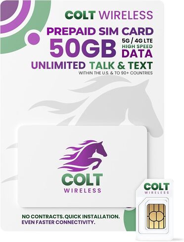 Colt Wireless 30-Day USA eSIM, Prepaid eSIM Card with 50GB 4G LTE/5G Unlimited Data, SIM Card for US, Talk & Text 90+ Countries, Prepaid Cell Phone Plan with Mobile Hotspot, Easy Activation in Saudi Arabia