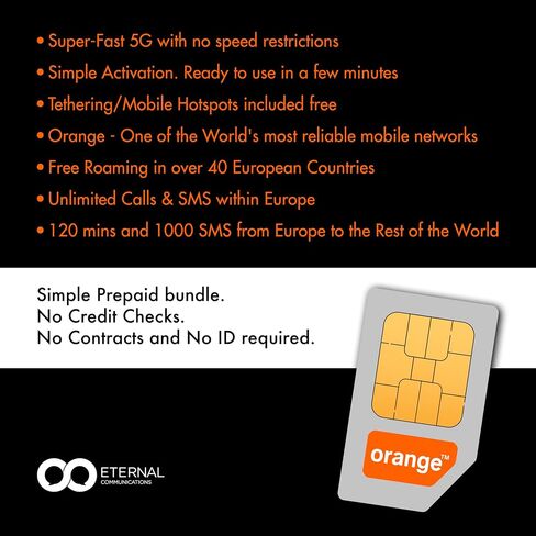 Preloaded Orange Travel Sim Card Now with 30GB of 4G Data, Unlimited Calls & SMS in Europe, 120 mins + 1000 SMS from Europe to Worldwide (Lasts for 14 Days). Tethering Allowed in Saudi Arabia