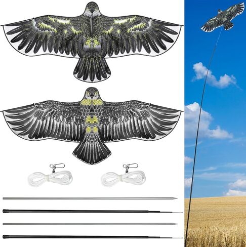 Qualirey 2 Sets Bird Scaring Eagle Flying Kite Bird Scarer Flying Kite Crops Farm Protector Simulated Eagle Scare Device with 12.63 ft Pole for Outdoor Home Yard (Beige Gray, Colorful) in Kuwait