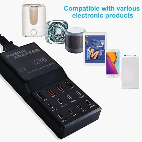 محطة الشحن (65W) ، شاحن سطح مكتب USB C 12-in-1 للهاتف 15 ، MacBook ، وأكثر من 5 قدم كابل مسطح وتوصيل للمنزل ، Office (12 منافذ USB-C) in Kuwait