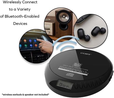 Coby CD Player Portable Bluetooth CD Player for Car, Headphones, FM, AUX, MP3 Anti-Skip CD Player for Home, Compact Discman, Rechargeable, Lightweight (Renewed) in Saudi Arabia