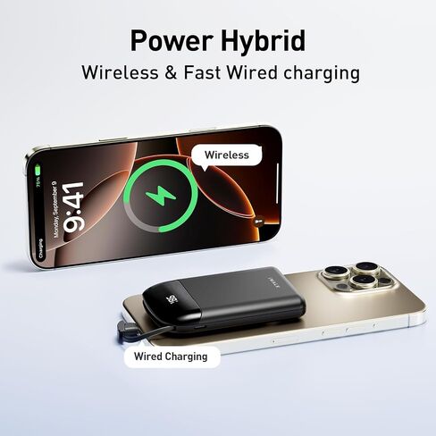 iWALK 10,000mAh Magnetic Portable Charger, Wireless Mini Power Bank,40W Max Fast Charging Battery Pack with Built-in USB-C Cable Compatible with iPhone 16/15 Series, AirPods, Samsung S25 Series,Black in Saudi Arabia