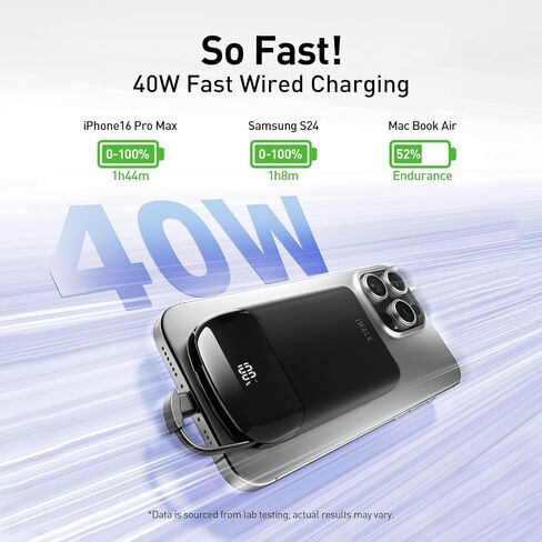 iWALK 10,000mAh Magnetic Portable Charger, Wireless Mini Power Bank,40W Max Fast Charging Battery Pack with Built-in USB-C Cable Compatible with iPhone 16/15 Series, AirPods, Samsung S25 Series,Black in Saudi Arabia