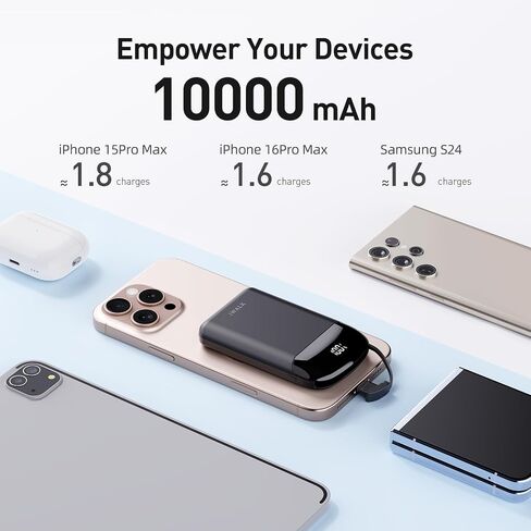 iWALK 10,000mAh Magnetic Portable Charger, Wireless Mini Power Bank,40W Max Fast Charging Battery Pack with Built-in USB-C Cable Compatible with iPhone 16/15 Series, AirPods, Samsung S25 Series,Black in Saudi Arabia