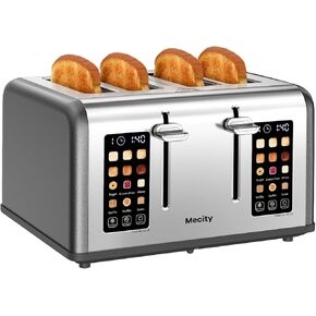Mecity 4 Slice Toaster with Touch Screen Control, 4 Wide Slots, Stainless Steel Smart Bread Toaster for Bagels, Muffins, Waffles, Dual Control Panel, Timer, Defrost, Reheat, 120V 1650W, Pearl Grey