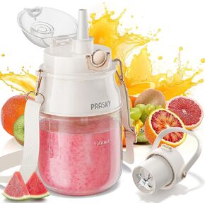 Portable Blender, Prasky Personal Blenders for Shakes and Smoothies with 27oz Cup, Lid and Shoulder Strap, Type-C USB Rechargeable, Personal Size Blenders BPA-free for Gym/Travel/Kitchen (White)