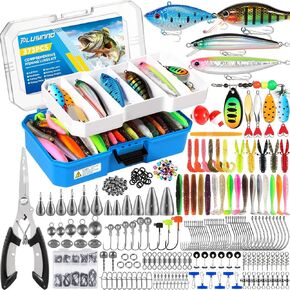 PLUSINNO Fishing Lures Kit with Removable Tray, 373PCS Fishing Tackle Box with Tackle Included, Fishing Gear with Pliers, Weights, Hooks, Accessories, Fishing Tackle Lure Kit Gifts for Men Bass Trout