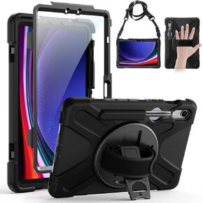 Gerutek Case for Samsung Galaxy Tab S9 FE / S9/ S8 /S7 5G 10.9"/11", Full-Body Drop Protective Case with Screen Protector, Pencil Holder, 360° Rotating Handle Stand Strap Cover- Black
