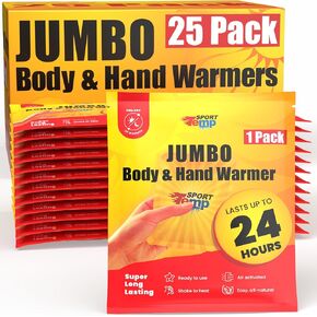 Jumbo Hand & Body Warmers (25 Count) - Up to 24 Hours of Heat, Super Long Lasting - Easy, All Natural - Air Activated, for Body & Hands - Odorless Hot Hand Warmer - Sport Temp