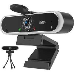 Webcam 4K with Microphone and Webcam Cover Plug and Play with Auto Light Correction for Laptop PC Desktop for Live Streaming Video Call Conference Online Lessons Game