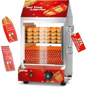 2-Tier Electric Hot Dog Steamer with Bun Warmer - 27L/28.5 QT Capacity, Holds 175 Hot Dogs & 40 Buns, Visible Glass Slide Doors, Red, Perfect for Commercial & Home Use