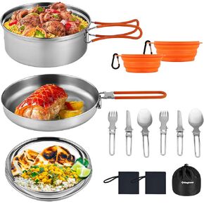 KingCamp Camping Cookware, Lightweight Cook Set Non-Stick Stainless Steel Essentials Mess Kit with Pot Pan Cups Plates Forks Knives Spoons for Camping Backpacking Outdoor Picnic