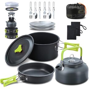 LIXADA 16pcs Camping Cookware Mess Kit, Non-Stick Lightweight Pot Pan Kettle Set with Stainless Steel Plates Forks Knives Spoons, Portable Camping Cooking Set for Outdoor Backpacking Hiking Picnic