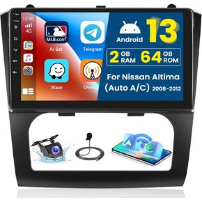 2+64G Android 13 CarPlay Car Stereo Radio for Nissan Altima 2008-2012 (Auto A/C), 9'' HD Touch Screen Compatible with Android Auto, AHD Backup Camera, Mirror Link, GPS Navigation, WiFi, FM RDS