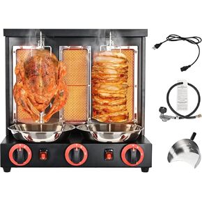 Shawarma Machine Commercial, Automatic Shawarma Machine Propane Vertical Broiler with 3 Burners,Free Meat Catch Pan, Adjustable Temperature(220°F-572°F), 360° Rotating,110V