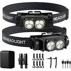 Headlamp Rechargeable 2PCS, 4500 Lumen Ultra-Light Bright LED Rechargeable Headlight with White Light, Waterproof Head Lamp with Headband for Outdoor Camping, Hiking, camping essentials,Working(Black)
