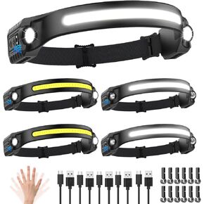 Headlamp Rechargeable 5Pack, 230° Wide Beam Head Lamp with 2 Spotlights, LED Headlamp with Motion Sensor, 5Mode Rechargeable Headlamp, Head Lights for Forehead, Headlamps for Adults Running Hard Hat