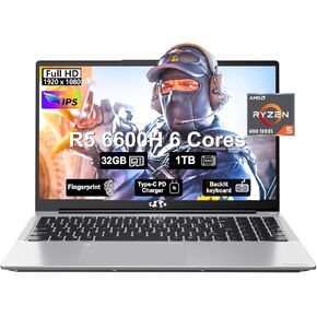 15.6 Business-gaming-Laptop, 6-Cores AMD Ryzen 5 6600H 660M 6nm GPU, 32GB DDR5 1TB SSD(Beat i5-12450H up to 4.5GHz)100W Type-C FHD IPS Laptop-Computer with Fingerprint Backlit Keyboard WiFi5 Win11