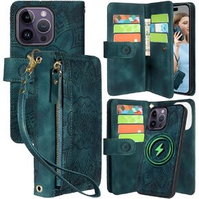 Harryshell for iPhone 14 Pro Max Detachable Magnetic Case Wallet,Compatible with Magsafe Wireless Charging, [Theft-Scan Blocking] Card Slots, Cash Zipper Pocket Wrist Strap (Floral Black)