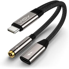 VIOY USB C to 3.5mm Headphone and Charger Adapter-2 in 1 Type C to Aux and Charger Splitter with PD 60W Fast Charging and Data Transfer for iPhone 16/15 Pro,iPad Pro,Samsung Galaxy S22 S21 S20,Pixel