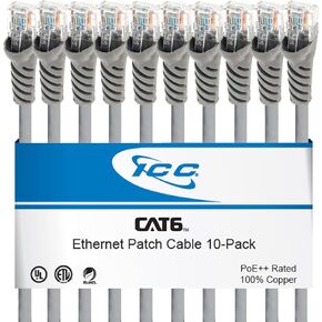 ICC CAT6 Ethernet Patch Cord 10 FT 10-Pack, UTP 24 AWG UL Listed, PoE++, 100% Stranded Copper Snagless Patch Cable for Patch Panel to Network Switch for Data Center, Office, and Home, 10 Feet Blue