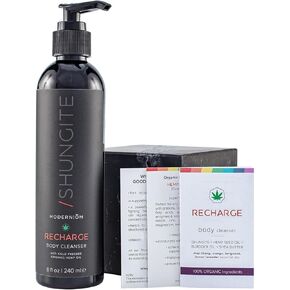 Modern ŌM Shungite Recharge Organic Cleanser Body Wash with Living Water Kit for Natural Water Purification | Authentic Elite Shungite | Vegan, Non GMO, Not Tested on Animals, Handmade in USA