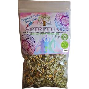 Medicinal Herbs Spiritual Incense Mix 4 oz, Hand-Crafted for Meditation, Smudging, Burning, Cleansing Rituals: Sacred 4 Blend – Organic White Sage, Sweet Grass, Palo Santo Chips & Cedar (4 oz)