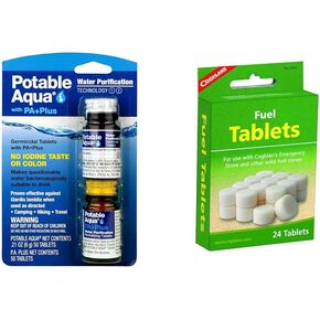 Potable Aqua Water Purification Tablets 2-50ct Bottles and Coghlan's Fuel Stove Tablets 24-Count