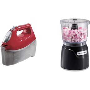 Hamilton Beach 6-Speed Electric Hand Mixer, Red & Electric Vegetable Chopper & Mini Food Processor, 3-Cup, 350 Watts, for Dicing, Mincing, and Puree, Black (72850)