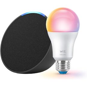 Echo Pop (newest model) with WiZ 60W A19 LED Smart Color Bulb - Connects to Your Wi-Fi - E26 Base - Control with Voice or App - Matter Compatible